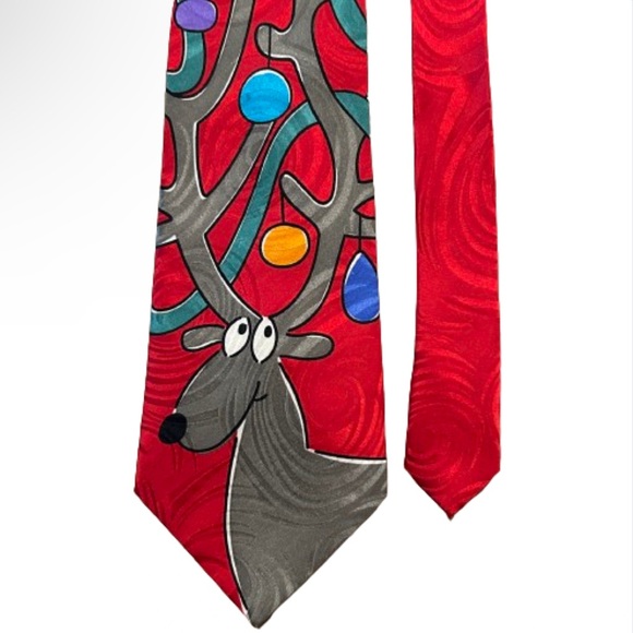 AMERICAN GREETINGS Christmas Reindeer Neck Tie • Hand Made 100% Silk • 60”L 4”L - Picture 1 of 7